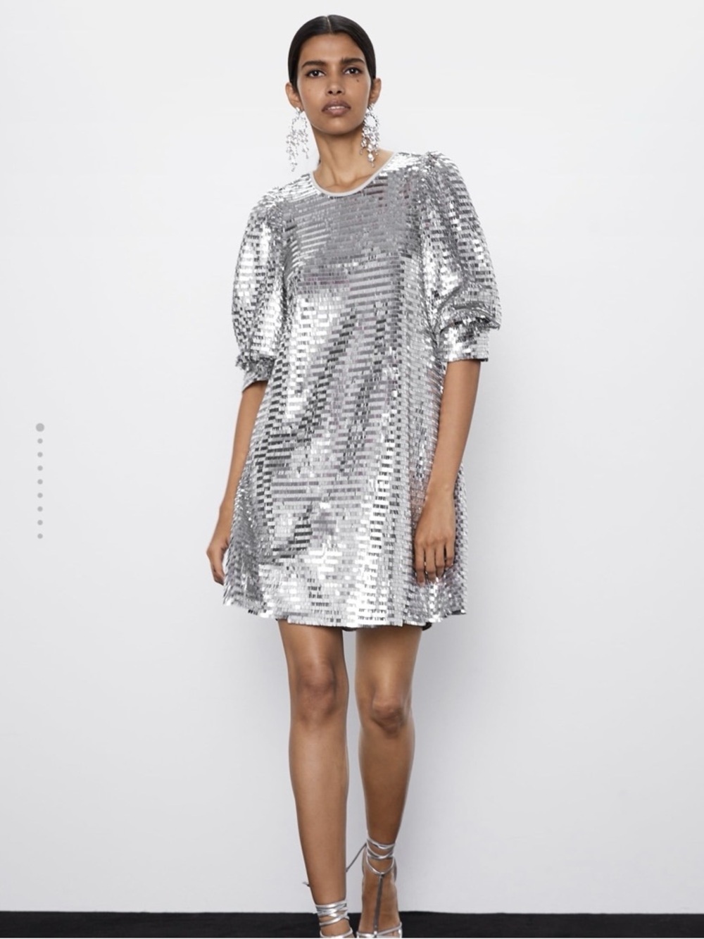 ZARA Silver Sequin Puff Sleeve Mini Dress